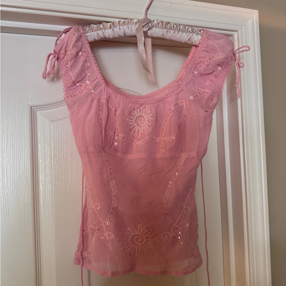 Vintage Charlotte Russe Pink embroidered tie-Sleeve Blouse